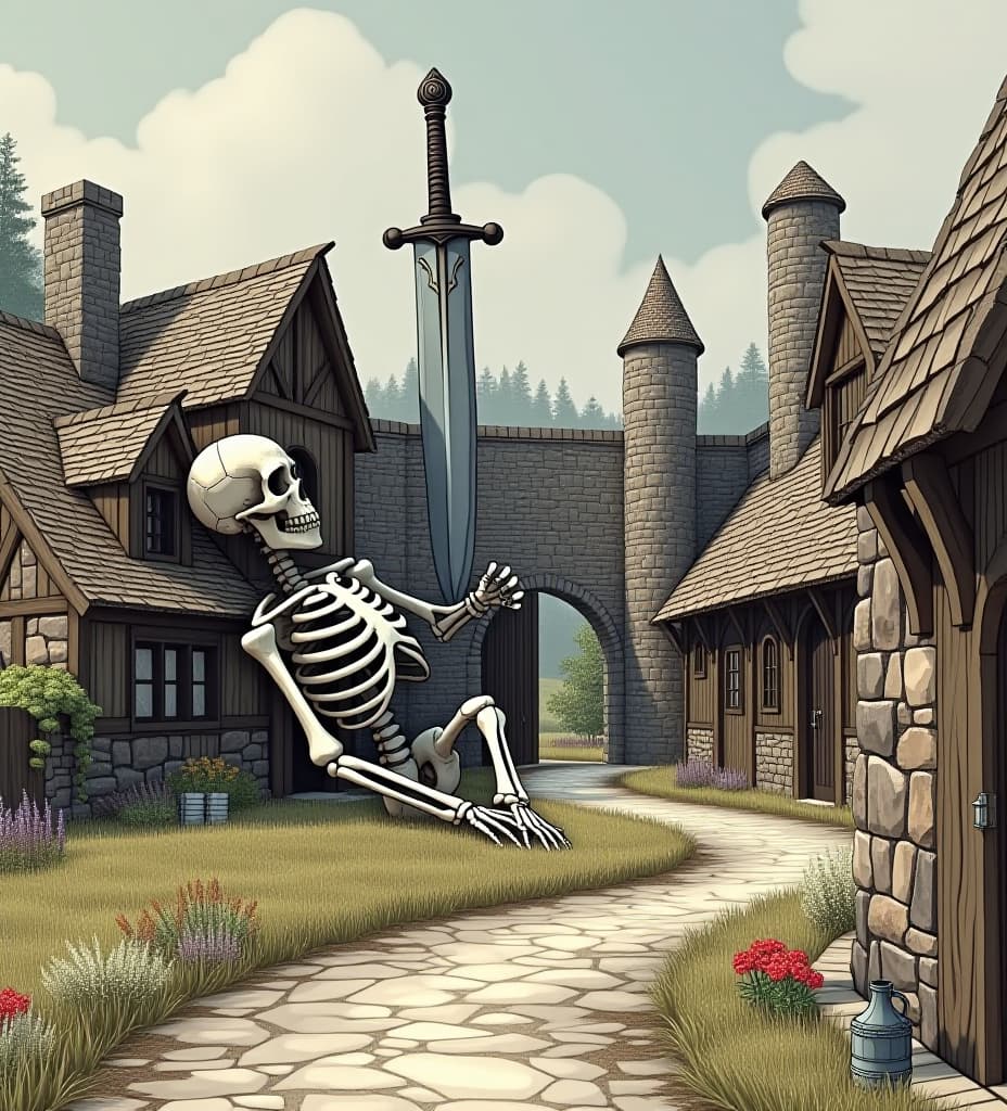  a medieval farming village that uses a giant laying down skeleton as part of its walls with a massive sword in the background