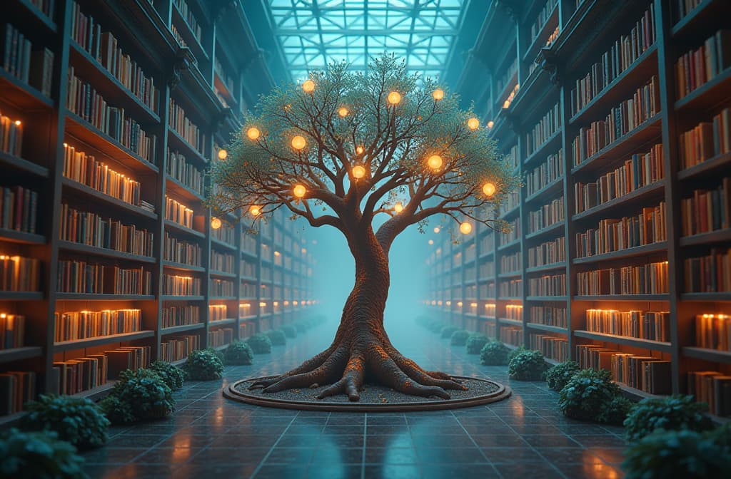  "create a surreal digital artwork depicting an ethereal library filled with floating books and glowing screens, where vibrant tendrils of light weave between the shelves. in the center, an intricate tree made of circuits and branches symbolizes the connection between knowledge and technology, with small luminous orbs representing ideas and conversations. the atmosphere is a blend of soft blues and warm golds, creating a sense of wonder and infinite possibilities." hyperrealistic, full body, detailed clothing, highly detailed, cinematic lighting, stunningly beautiful, intricate, sharp focus, f/1. 8, 85mm, (centered image composition), (professionally color graded), ((bright soft diffused light)), volumetric fog, trending on instagram, trending on tumblr, HDR 4K, 8K