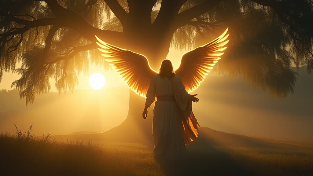  history of biblical times, an angel of the lord appearing to gideon, glowing with divine light under a great tree, proclaiming a message of valor. hyperrealistic, full body, detailed clothing, highly detailed, cinematic lighting, stunningly beautiful, intricate, sharp focus, f/1. 8, 85mm, (centered image composition), (professionally color graded), ((bright soft diffused light)), volumetric fog, trending on instagram, trending on tumblr, HDR 4K, 8K