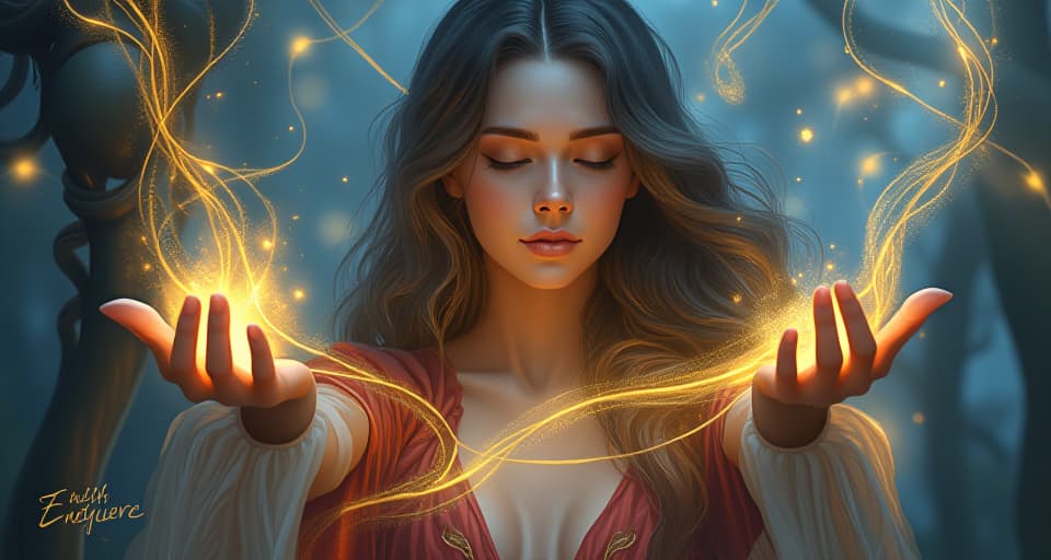  mystical sorceress with closed eyes, glowing tendrils extending from her fingertips to toes; feeling every part of her being with radiant, magical energy, total embodiment.. the style is digital art illustration,highly detailed, whimsical,magical, dreamlike atmosphere, realism and fantasy blend, smooth, glossy textures,luminous quality, wonder and enchantment.