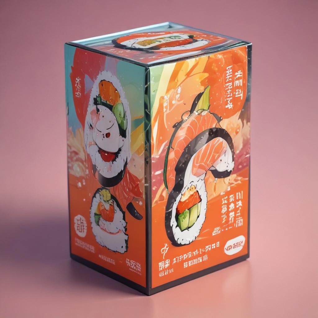 distance-shot, flashy, full-body, dynamic, holographic, animated cartoon poster of a take-out box of sushi in the style of dragon ball super