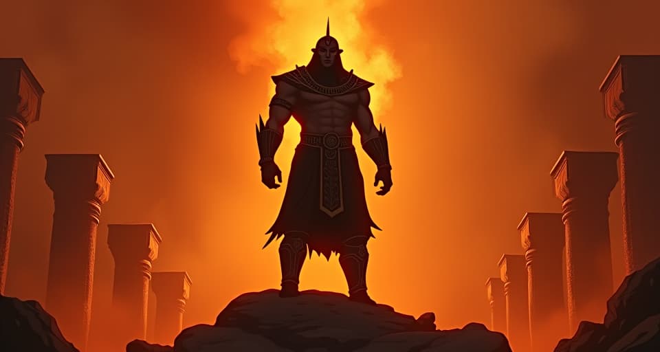  an ominous silhouette of a large busted warrior in intricately designed armor, standing atop ancient ruins, surrounded by shadowy flames and crumbling walls, atmosphere of fear and realization. the style is digital art illustration / modern comic book / mysterious occult, symbolic, esoteric vibe,high detail on character design, incorporating ancient egyptian symbology and attire.