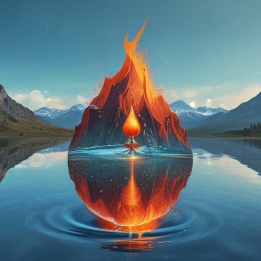 An image of a piece of earth on fire within a water droplet floating around in the air in Comic Art style with Mountains background