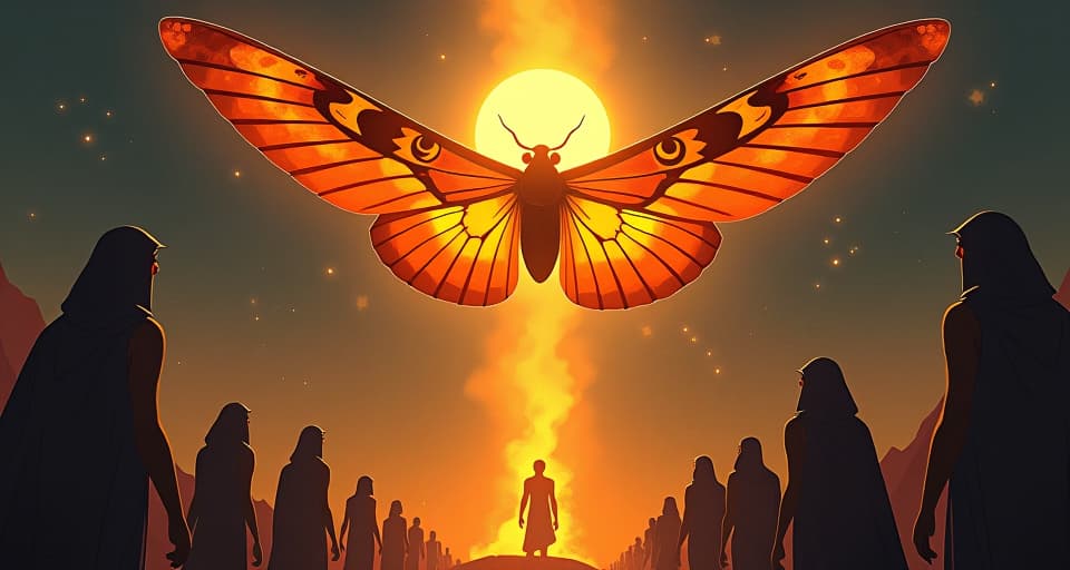  a moth flying towards a brilliant flame, people drawn towards a central, glowing light, exuding attraction, allure of the light. the style is digital art illustration / modern comic book / mysterious occult, symbolic, esoteric vibe,high detail on character design, incorporating ancient egyptian symbology and attire.