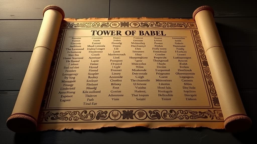  an ancient scroll with verses from genesis, depicting the story of the tower of babel, surrounded by symbols of different languages. hyperrealistic, full body, detailed clothing, highly detailed, cinematic lighting, stunningly beautiful, intricate, sharp focus, f/1. 8, 85mm, (centered image composition), (professionally color graded), ((bright soft diffused light)), volumetric fog, trending on instagram, trending on tumblr, HDR 4K, 8K