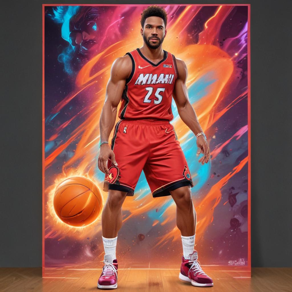 distance-shot, flashy, full-body, dynamic, holographic, animated cartoon poster of miami heat player caleb martin in the style of dragon ball super