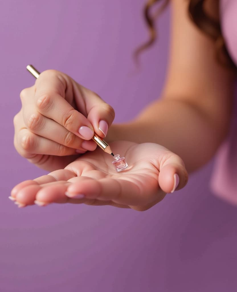  hdr photo of a woman applies a small amount of perfume on her wrist, hands, small pencil, applique, close up, on a lilac background . high dynamic range, vivid, rich details, clear shadows and highlights, realistic, intense, enhanced contrast, highly detailed