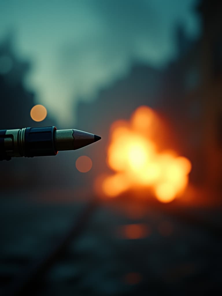  cinematic film still a scene from a movie, a bullet flies into the screen, the scene is illuminated by the dim light of explosions. . shallow depth of field, vignette, highly detailed, high budget, bokeh, cinemascope, moody, epic, gorgeous, film grain, grainy