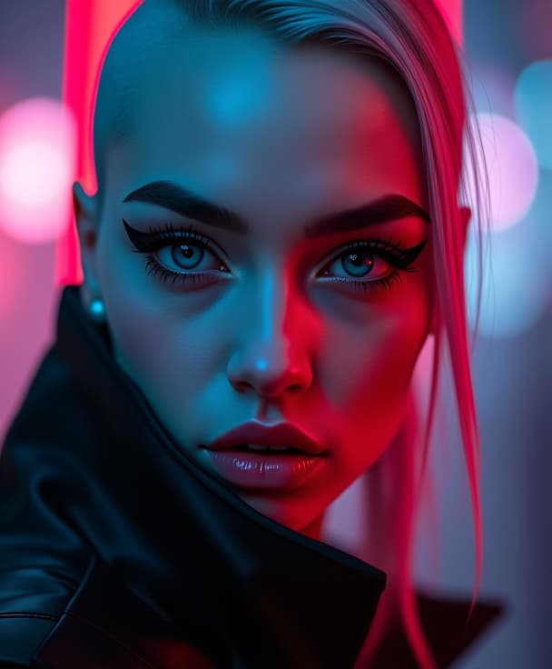  ultra realistic close up portrait ((beautiful pale cyberpunk female with heavy black eyeliner)), blue eyes, shaved side haircut, hyper detail, cinematic lighting, magic neon, dark red city, canon eos r3, nikon, f/1.4, iso 200, 1/160s, 8k, raw, unedited, symmetrical balance, in frame, 8k hyperrealistic, full body, detailed clothing, highly detailed, cinematic lighting, stunningly beautiful, intricate, sharp focus, f/1. 8, 85mm, (centered image composition), (professionally color graded), ((bright soft diffused light)), volumetric fog, trending on instagram, trending on tumblr, HDR 4K, 8K