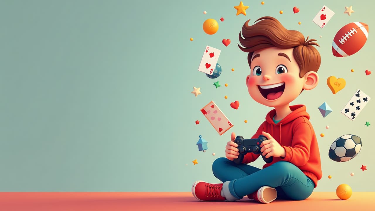  a cartoonish sitting on the right side of the image, holding a gaming console controller, with a big smile on his face. around him are floating, colorful icons representing various games: playing cards for rummy, a football for fantasy sports, chess pieces for strategy games, and clic casual game symbols like stars or fruits. the background has a light, energetic vibe with bright, bold colors like red, blue, and green. the left side of the image is left clear, providing ample space for text, creating a balanced design that emphasizes fun and excitement., high quality, high details, hd, perfect composition, 4k epic detailed, highly detailed, sharp focus, high resolution