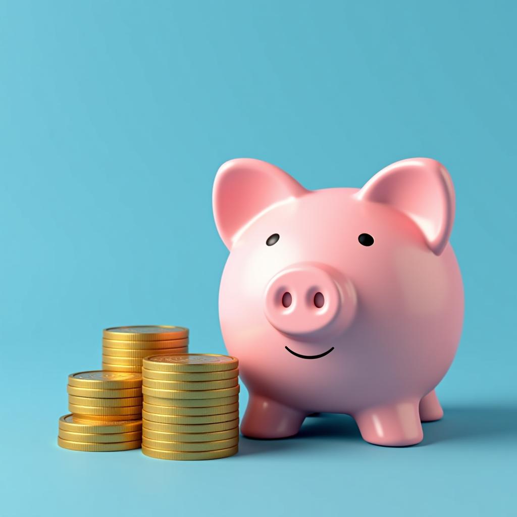  smiling pink pig piggy bank next to a stack of gold coins, isolated on blue background. investment success, savings concept 