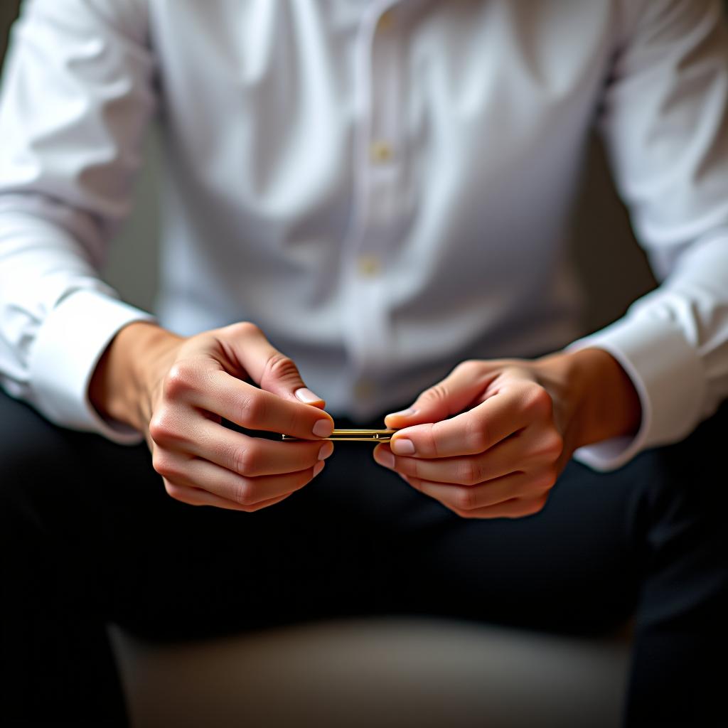  a man in a white shirt and black pants is sitting, holding a men's money clip in his hands.