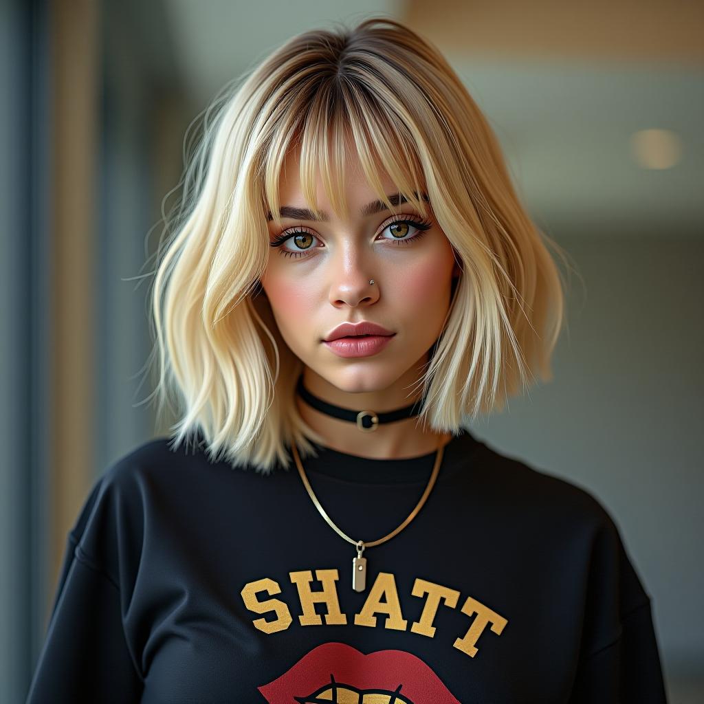  make an image a blonde bob woman with dark brown eyes and dressed streetwear