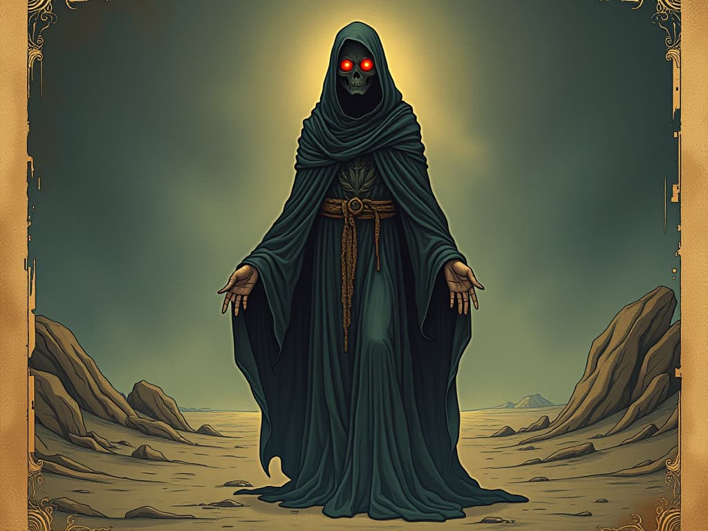  a figure with wide open eyes, dressed in dark robes, standing in a desolate landscape, heightened senses, alertness, preparedness. an illustration in the style of a worn, mystical old tarot trump card, mysterious and elements of surrealism. the colors are muted, somber and eerie, but with contrast bring out an occult and esoteric vibe.