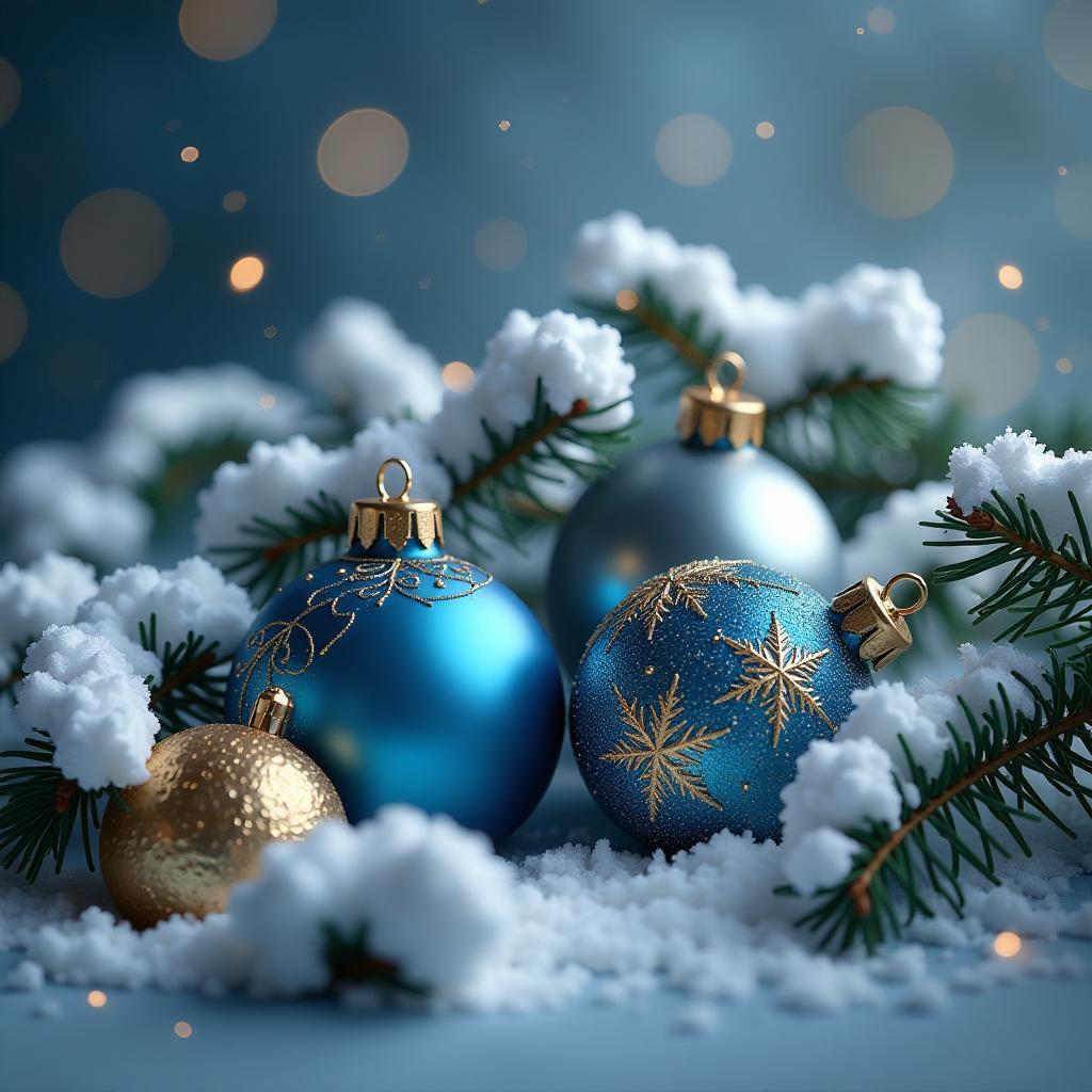  christmas ornaments in blue and gold nestled among snowy branches, capturing the festive holiday spirit., high quality, high details, hd, perfect composition, 4k epic detailed, highly detailed, sharp focus, high resolution