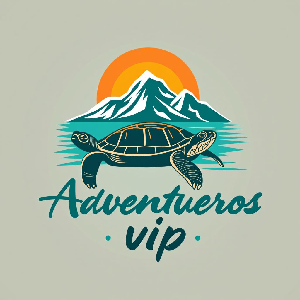  design a logo, haz un logo para viajes y full days que predomine una tortuga feliz, mar, montaña y sol, que tengan los colores turquesa, blanco , with the text 'aventureros vip'.