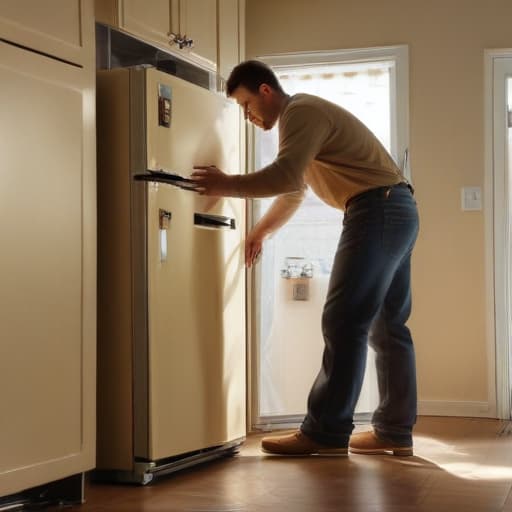 A photo of a skilled appliance repair technician examining a malfunctioning refrigerator in a dimly lit kitchen during the early evening. The warm, golden light filters in through the window, casting long shadows on the vintage linoleum floor, creating a contrast between the bright tools in the technician's hand and the shadowy depths of the fridge. The technician's focused expression and the intricate details of the appliance convey a sense of dedication and expertise in the midst of the mundane task of repair.