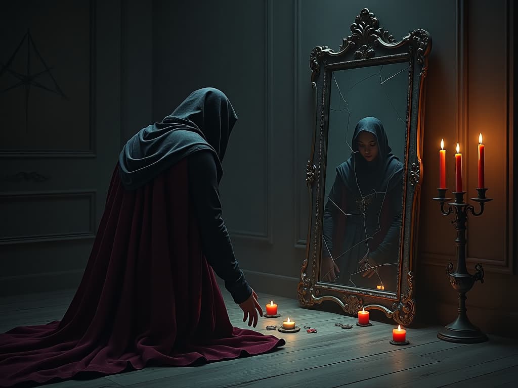  humbled figure kneeling before a cracked mirror, reflection showing disjointed image, split between past arrogance and current humility, gloomy atmosphere, flickering candles, worn out garments. the style is dark fantasy and mysterious occult, symbolic, moody lighting, esoteric vibe,high detail on character design. for the color scheme emphasize blacks and reds.