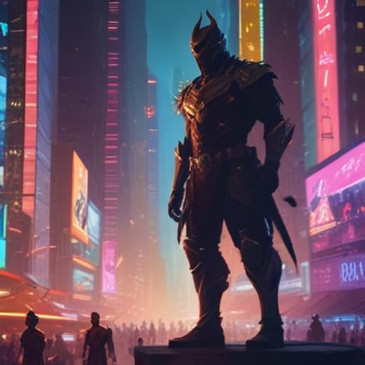 In a dark, futuristic cityscape, a glowing beacon of light pierces through the night sky. The beacon illuminates a group of HERO and Neos warriors, standing tall and ready for battle. Each hero is depicted in intricate detail, their armor gleaming in the light. The energy from the beacon crackles around them, empowering them for the fight ahead. The scene is a mix of vibrant colors and shadows, creating a sense of tension and anticipation. The city below is a blur of neon lights and towering skyscrapers, emphasizing the heroic figures in the foreground. fantastical creatures or characters inspired by mythology, folklore, or popular culture. use vibrant colors, sharp lines, intricate details, dynamic poses, dramatic lighting, atmospheric bac