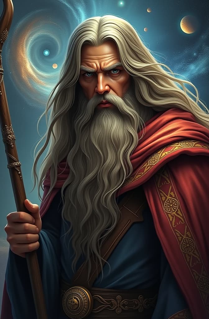  a figure resembling a wizard or mythical being with long flowing hair and ornate beard. holding a staff in one hand. a detailed cosmic background featuring swirling galaxies and celestial bodies. attire detailed with patterns and textures suggesting mystical or ancient origin. dynamic composition suggesting movement through the flow of hair and cloak, realistic fantasy d & d character, closeup portrait art by donato giancola and greg rutkowski, realistic face, digital art, trending on artstation hyperrealistic, full body, detailed clothing, highly detailed, cinematic lighting, stunningly beautiful, intricate, sharp focus, f/1. 8, 85mm, (centered image composition), (professionally color graded), ((bright soft diffused light)), volumetric fog, trending on instagram, trending on tumblr, HDR 4K, 8K