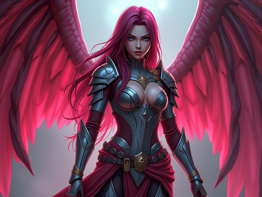  hdr photo of girl, xiana's warrior, stringed body, thin waist, long dark red hair, blue eyes, pink fenthezes, female knights, large wanders, designs, big wings, advanced weaponry fantezium plasma, furist style, athlete . high dynamic range, vivid, rich details, clear shadows and highlights, realistic, intense, enhanced contrast, highly detailed hyperrealistic, full body, detailed clothing, highly detailed, cinematic lighting, stunningly beautiful, intricate, sharp focus, f/1. 8, 85mm, (centered image composition), (professionally color graded), ((bright soft diffused light)), volumetric fog, trending on instagram, trending on tumblr, HDR 4K, 8K