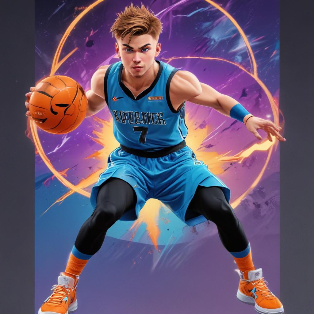 distance-shot, flashy, full-body, dynamic, holographic, animated cartoon poster of luka doncic in the style of dragon ball super