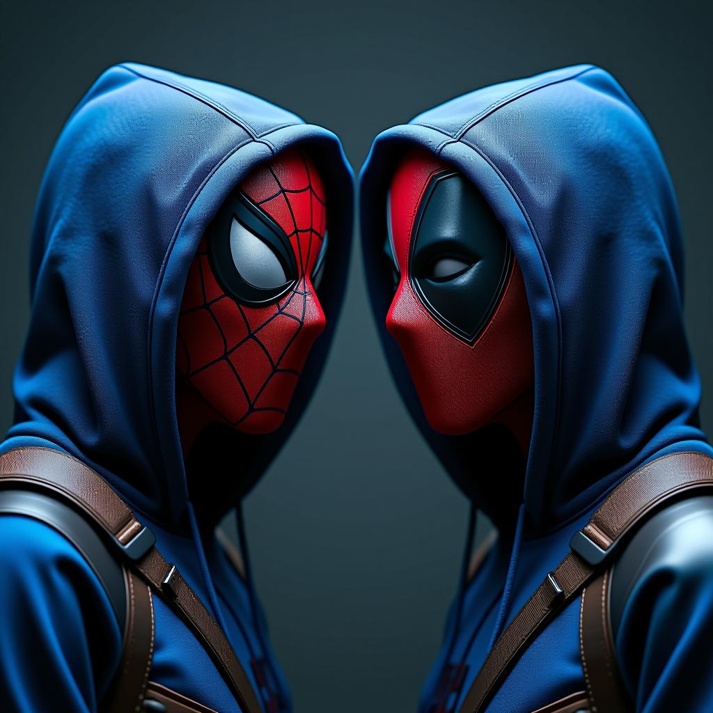  man with a spiderman mask on his face with a blue hoodie with spa written on hoodie on left side and man with a deadpool mask on his face with a blue hoodie with rky written on hoodie hyperrealistic, full body, detailed clothing, highly detailed, cinematic lighting, stunningly beautiful, intricate, sharp focus, f/1. 8, 85mm, (centered image composition), (professionally color graded), ((bright soft diffused light)), volumetric fog, trending on instagram, trending on tumblr, HDR 4K, 8K