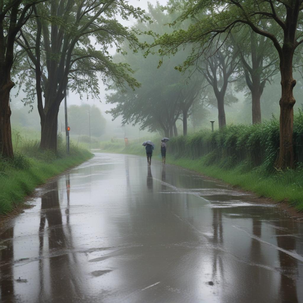 An impressionistic landscape capturing the essence of a rainy day.