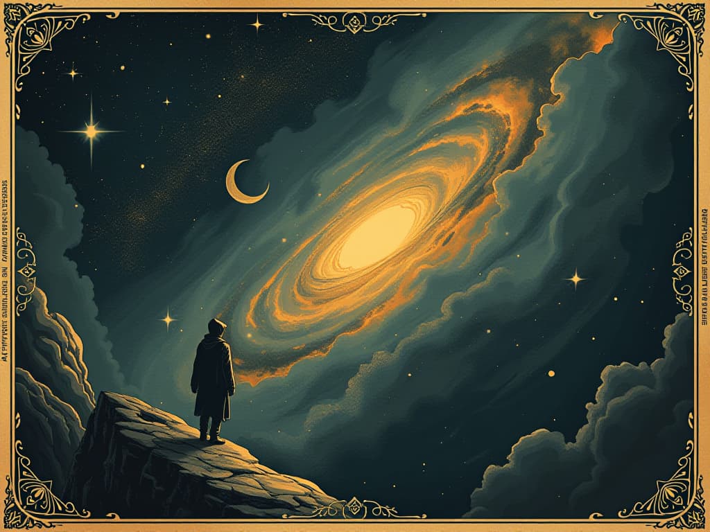  starry expanse, swirling nebulae, a figure stepping into the unknown, exploratory and adventurous. an illustration in the style of a worn, mystical old tarot trump card, mysterious and elements of surrealism. the colors are muted, somber and eerie, but with contrast bring out an occult and esoteric vibe.