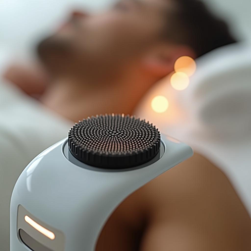  the device is an ultrasonic scrubber for face cleansing in the foreground, and a figure of a man lies in the background.