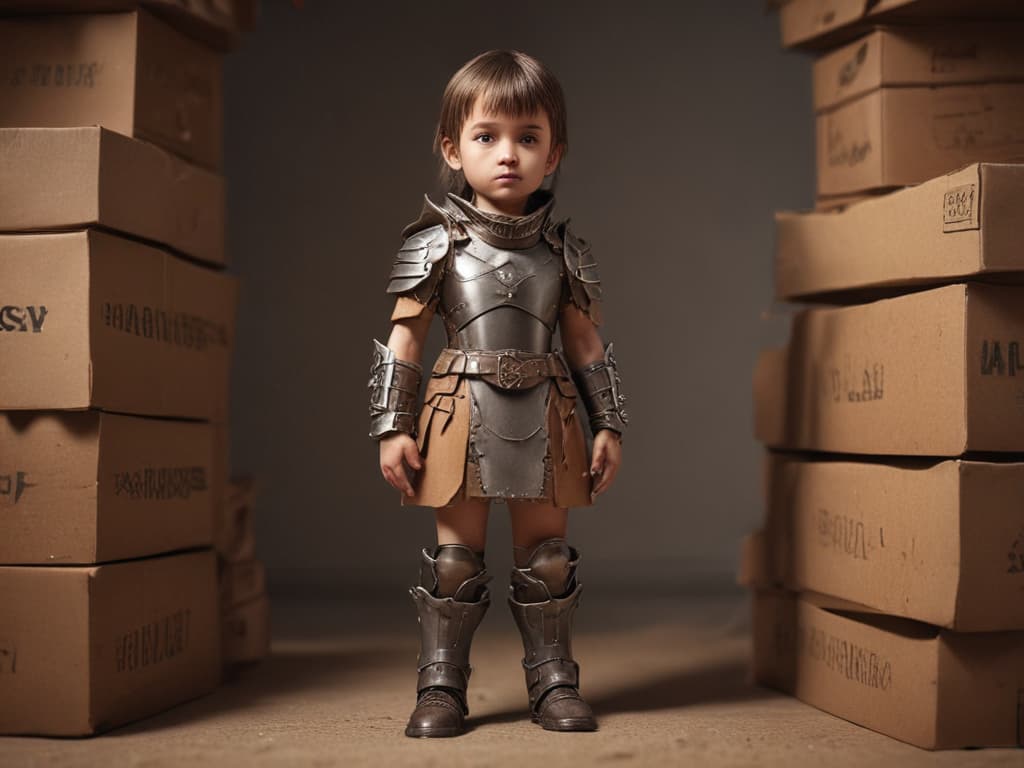 ultra realistic ((ultra realistic ((a child wearing a makeshift armor made of cardboard boxes)))) hyperrealistic, full body, detailed clothing, highly detailed, cinematic lighting, stunningly beautiful, intricate, sharp focus, f/1. 8, 85mm, (centered image composition), (professionally color graded), ((bright soft diffused light)), volumetric fog, trending on instagram, trending on tumblr, HDR 4K, 8K