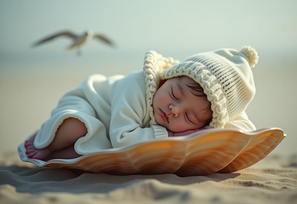  hyperrealistic art a newborn girl in a white coat and a hat sleeps on a shell on the beach, sunday, a lot of cancers and birds. . extremely high resolution details, photographic, realism pushed to extreme, fine texture, incredibly lifelike hyperrealistic, full body, detailed clothing, highly detailed, cinematic lighting, stunningly beautiful, intricate, sharp focus, f/1. 8, 85mm, (centered image composition), (professionally color graded), ((bright soft diffused light)), volumetric fog, trending on instagram, trending on tumblr, HDR 4K, 8K