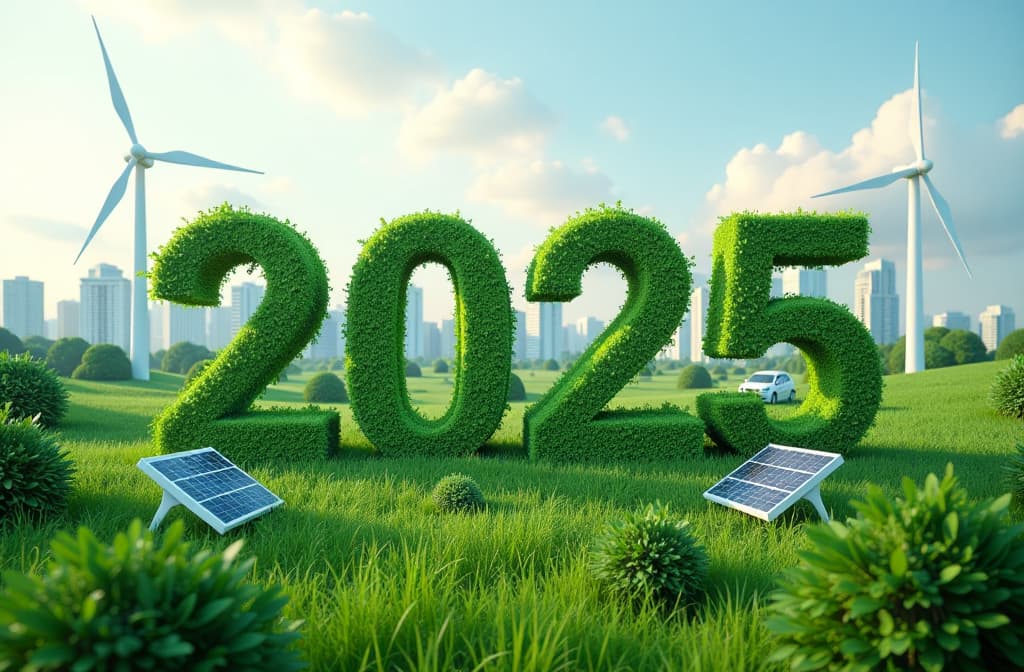  green «2025» surrounded by wind turbines, solar panels, and eco friendly cityscapes, emphasizing sustainability. {prompt}, maximum details