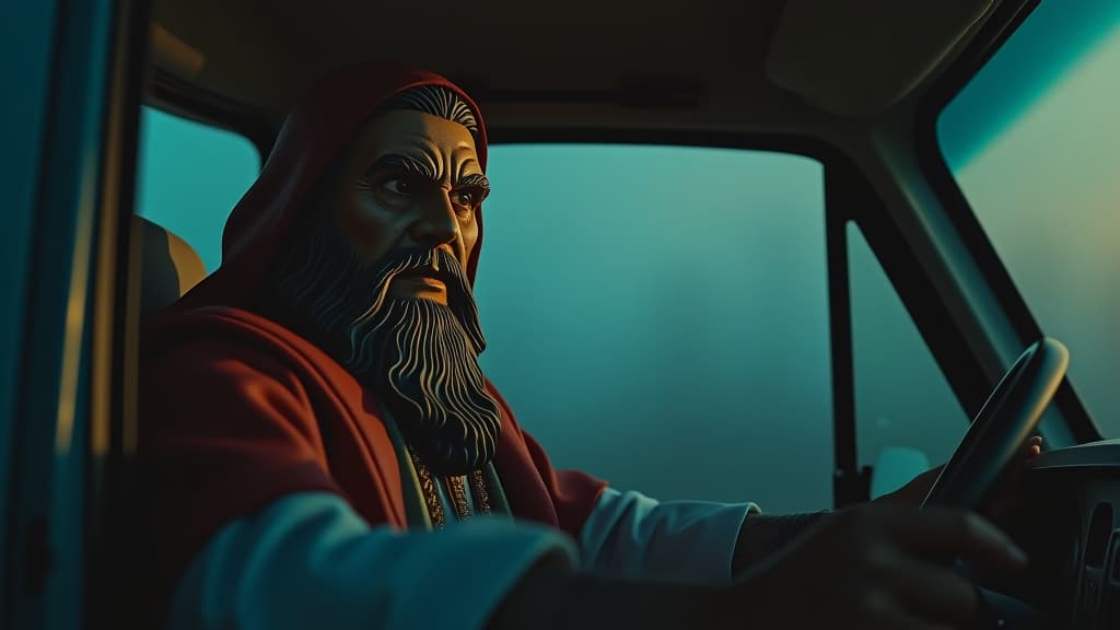  images about horror stories, a visual of alberto speaking sternly to the santa morte statue in his truck, illustrating his fear. hyperrealistic, full body, detailed clothing, highly detailed, cinematic lighting, stunningly beautiful, intricate, sharp focus, f/1. 8, 85mm, (centered image composition), (professionally color graded), ((bright soft diffused light)), volumetric fog, trending on instagram, trending on tumblr, HDR 4K, 8K