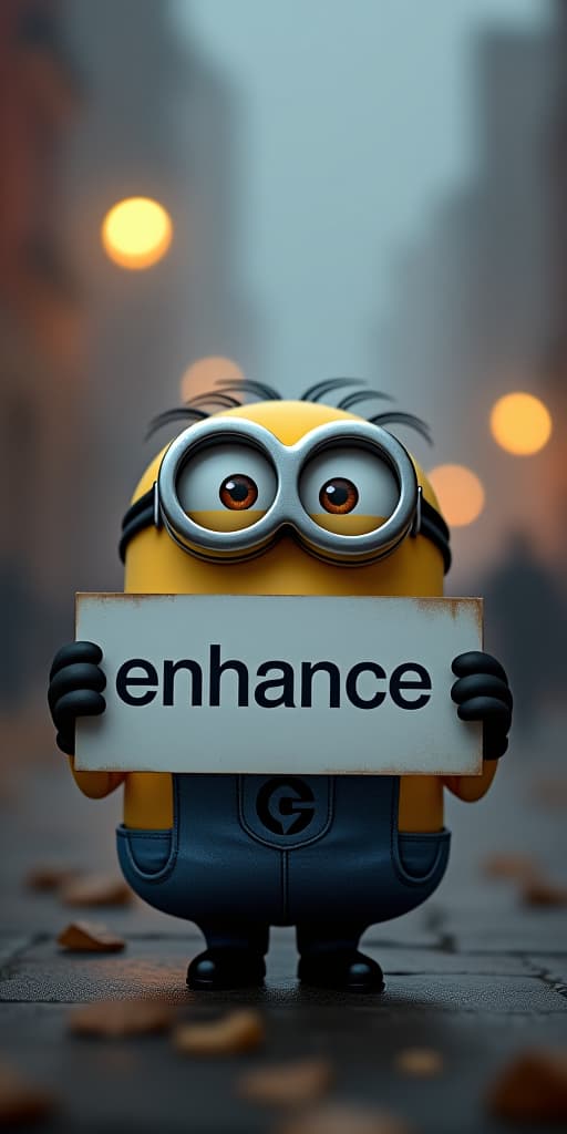  a minion , masterpiece,(holding up a sign with the word "enhance ai"), epic background, positive emotional,