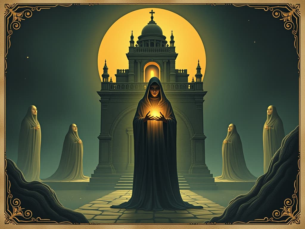  an ancient oracle standing in front of a moonlit temple, holding a glowing amulet, surrounded by faint apparitions and ghostly whispers, nocturnal ambiance, sacred and enigmatic. an illustration in the style of a worn, mystical old tarot trump card, mysterious and elements of surrealism. the colors are muted, somber and eerie, but with contrast bring out an occult and esoteric vibe.