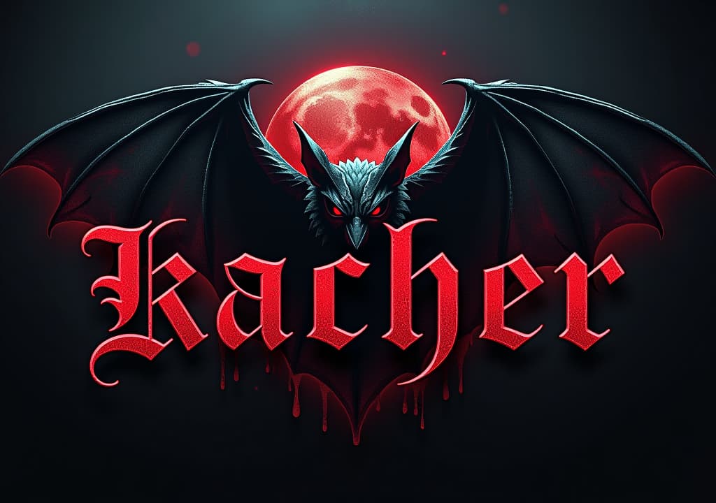  a dark art, street style logo with typography text "kacher", rock feeling, vintage, background is a evil bat, red eyes, bloody,, low contrast, low saturation, cinematic lightinghyper detail, intricate details, sharp focus, high resolution, 8k, ultra detailed, vib