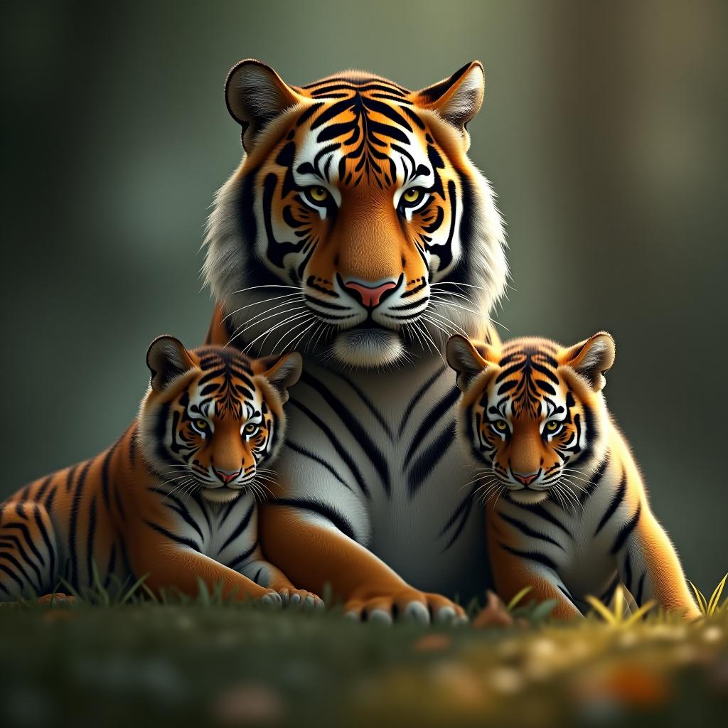  a family of a tiger, tigress, and two tiger cubs. in the picture, it’s clear that they love and care for each other. hyperrealistic, full body, detailed clothing, highly detailed, cinematic lighting, stunningly beautiful, intricate, sharp focus, f/1. 8, 85mm, (centered image composition), (professionally color graded), ((bright soft diffused light)), volumetric fog, trending on instagram, trending on tumblr, HDR 4K, 8K