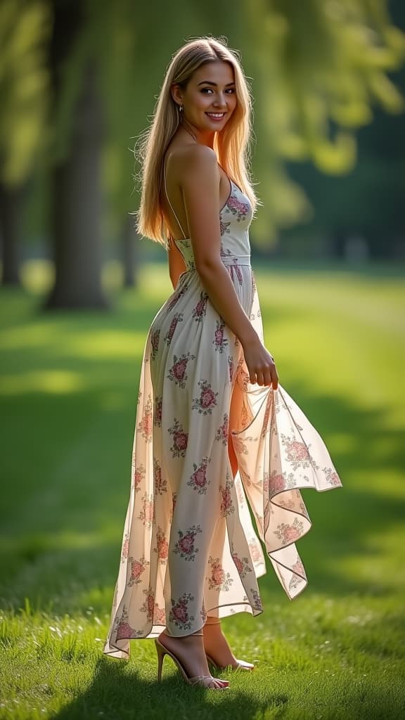  chuby young blonde , high heels, long dress , posing in summer park hot teasing legs