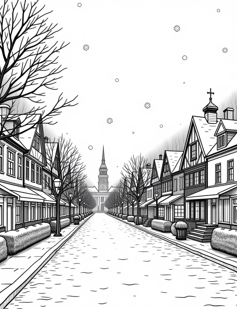  this is for an adult coloring page. a detailed black and white line art of a snowy snowflakes falling gently over a quiet town square on a solid white background.