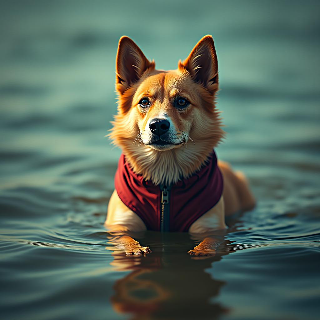  dog in the water hyperrealistic, full body, detailed clothing, highly detailed, cinematic lighting, stunningly beautiful, intricate, sharp focus, f/1. 8, 85mm, (centered image composition), (professionally color graded), ((bright soft diffused light)), volumetric fog, trending on instagram, trending on tumblr, HDR 4K, 8K