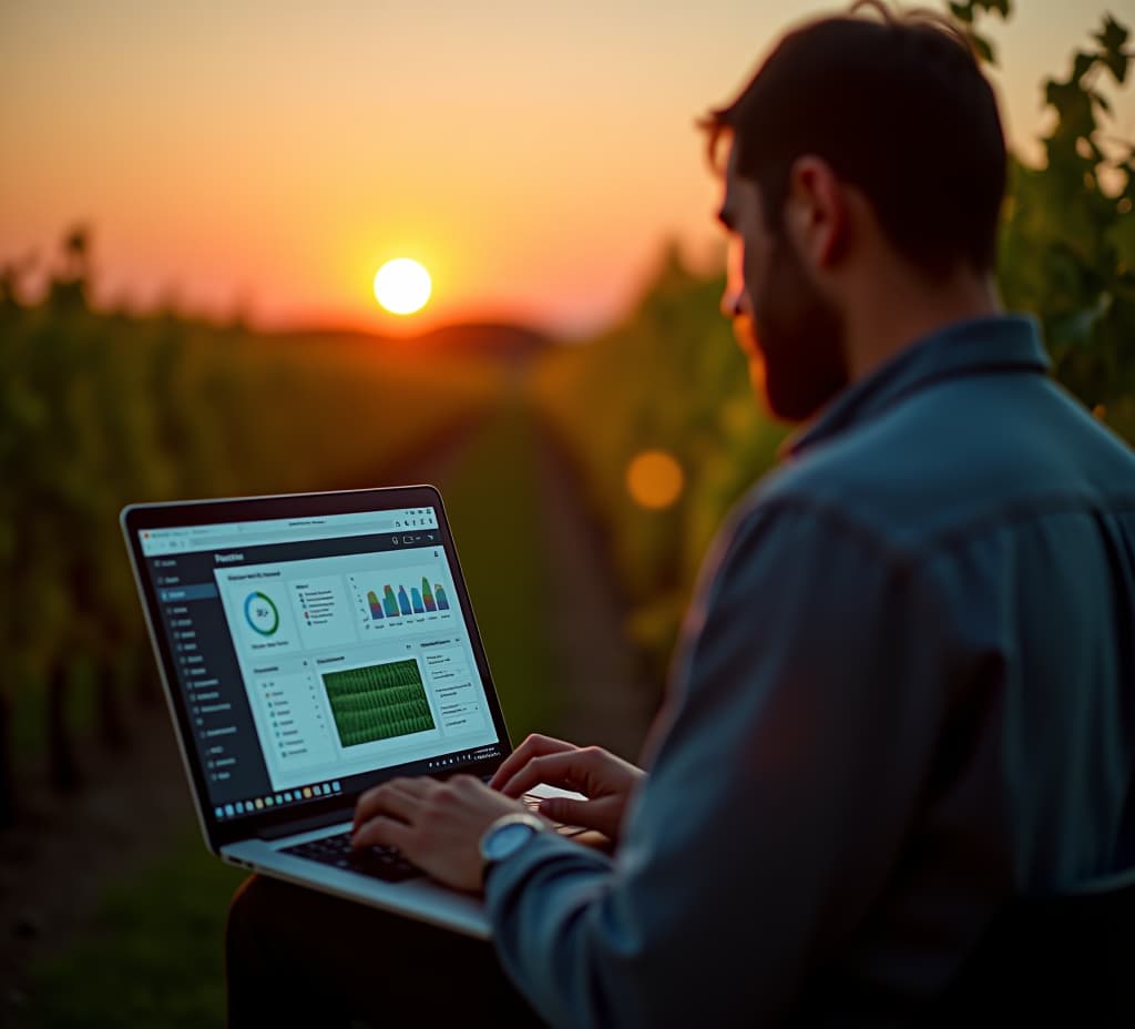  modern agriculture technology with a person using a laptop to analyze data on sustainable farming practices at sunset in a vineyard, high quality, high details, hd, perfect composition, 4k epic detailed, highly detailed, sharp focus, high resolution