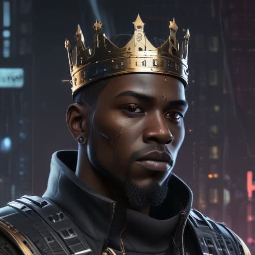 Draw a black man as a king in Cyberpunk style with Binary background