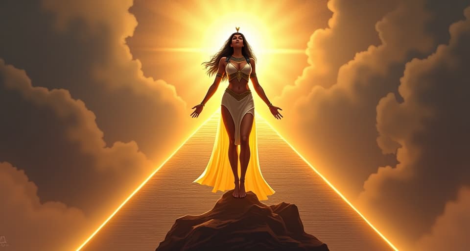  a powerful, large busted goddess in a tight, luminescent dress, standing triumphantly atop a pyramid, the sky behind her filled with ethereal light, symbolizing transcendent knowledge.. the style is digital art illustration / modern comic book / mysterious occult, symbolic, esoteric vibe,high detail on character design, incorporating ancient egyptian symbology and attire.