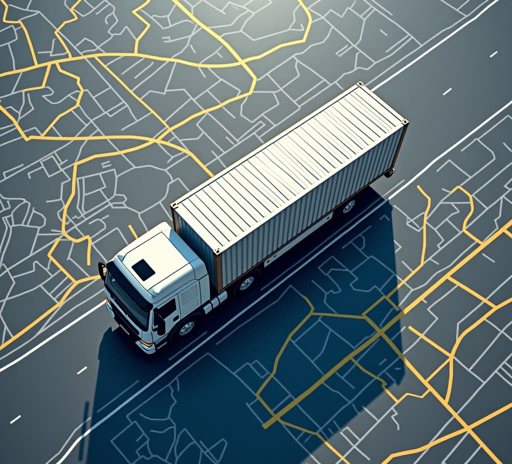  gps tracking from top view moving truck with container on a map.