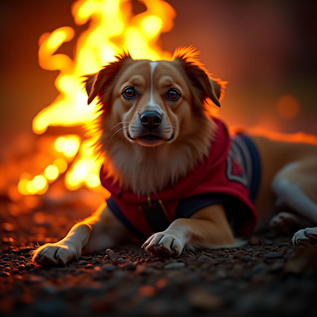  cinematic photo a dog that is laying down in front of a fire, a portrait, by jeff easley, artstation contest winner, beeple and jeremiah ketner, hearthstone artwork, fuzzy ghost, art depicting control freak . 35mm photograph, film, bokeh, professional, 4k, highly detailed hyperrealistic, full body, detailed clothing, highly detailed, cinematic lighting, stunningly beautiful, intricate, sharp focus, f/1. 8, 85mm, (centered image composition), (professionally color graded), ((bright soft diffused light)), volumetric fog, trending on instagram, trending on tumblr, HDR 4K, 8K