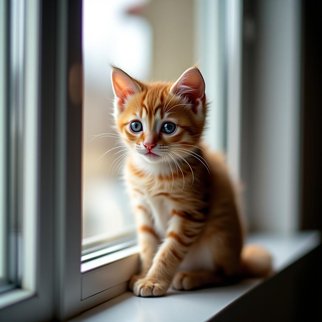  a little kitten is sitting on the window.