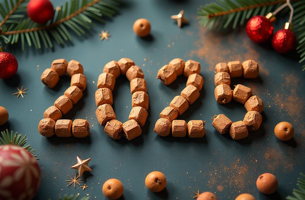  professional detailed photography, top view, in the center of the image are the letters "2025" made of nuts, on a festive background , (muted colors, dim colors, soothing tones), (vsco:0.3)