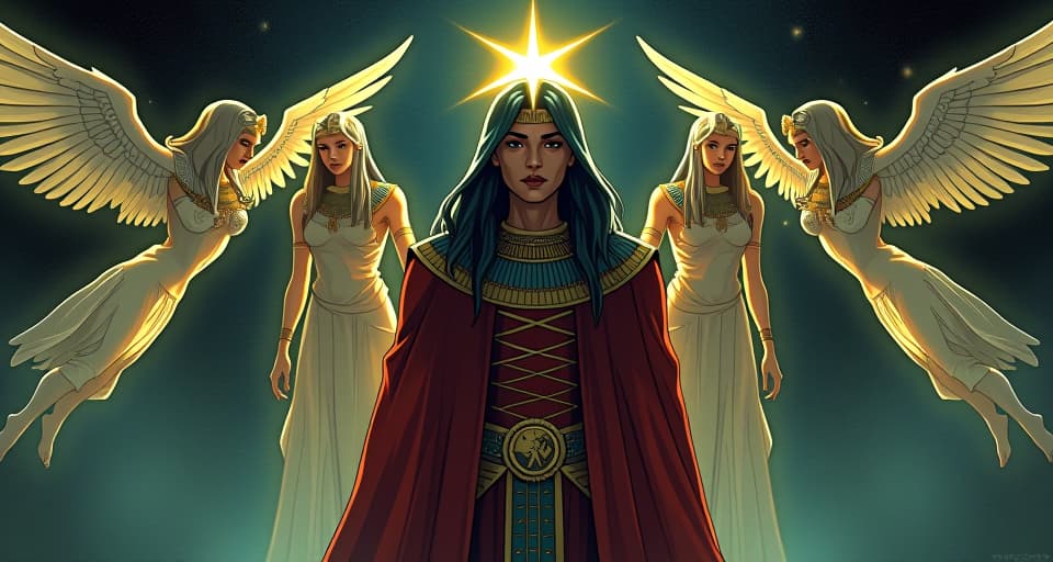  ethereal guardians, unseen but sensed, hovering around a protected individual, aura of deep jealousy, tension palpable, starry backdrop. the style is digital art illustration / modern comic book / mysterious occult, symbolic, esoteric vibe,high detail on character design, incorporating ancient egyptian symbology and attire.