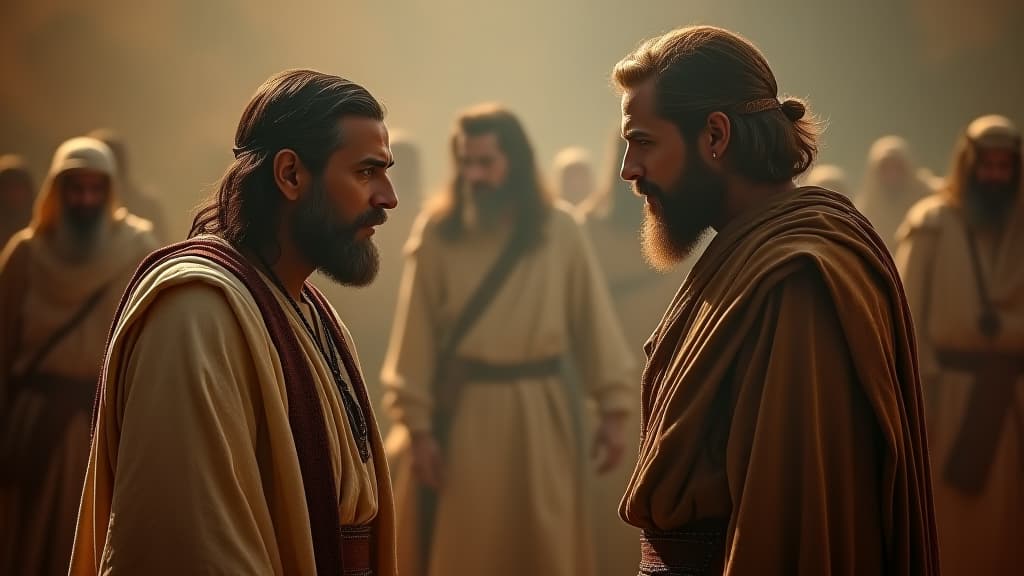  history of biblical times, jacob, frustrated, confronts laban about his treatment over the years, with a background of their past struggles. hyperrealistic, full body, detailed clothing, highly detailed, cinematic lighting, stunningly beautiful, intricate, sharp focus, f/1. 8, 85mm, (centered image composition), (professionally color graded), ((bright soft diffused light)), volumetric fog, trending on instagram, trending on tumblr, HDR 4K, 8K